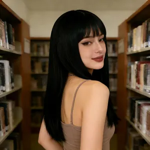 Lange zwarte steile synthetische pruik met pony in een bibliotheek voor mode-stijl