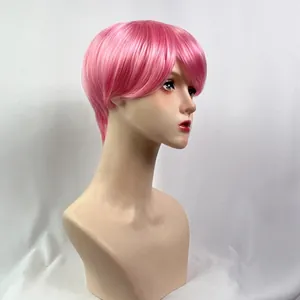 Pink short pixie bob wig with side bangs made of high-quality synthetic heat-resistant fiber
