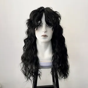 Long wavy black wig for men with punk rock style and air bangs on a model head