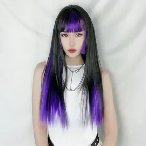 Peluca Lolita larga y lisa corte Hime negra con mechas moradas para mujer