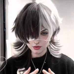 Perruque courte bicolore noir et blanc avec frange droite pour cosplay d'Halloween