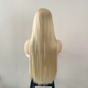 Rear view of long straight blonde synthetic hair wig on mannequin at waist length