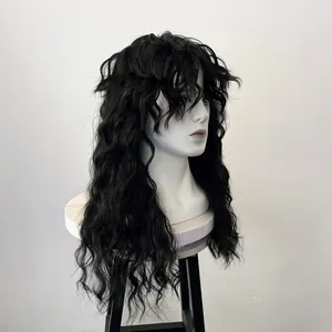 Men's long wavy punk rock black wig with layered shag cut and air bangs for cosplay