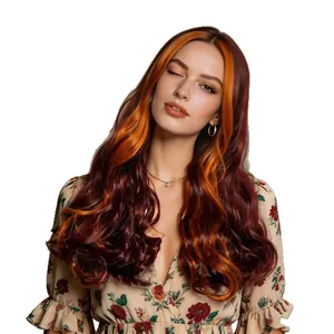 Long wavy auburn and copper highlights wig with realistic scalp and shiny texture