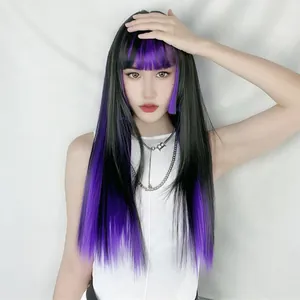 Peluca larga negra con mechones morados y flequillo recto de estilo Lolita