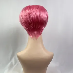 Back view detail of pink short straight synthetic wig with layered trim on a mannequin