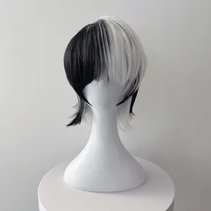 Perruque courte bicolore noir et blanc avec frange pour cosplay et Halloween