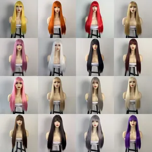 Long Straight Synthetic Wig With Flat Bangs Heat Resistant Fiber Colorful Hair For Women Cosplay Daily Use Full Machine Made Wig