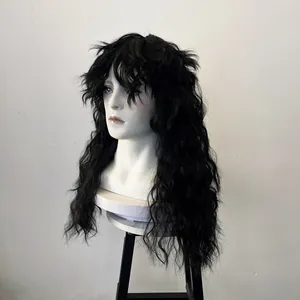 Detail view of black long curly punk rock wig with fluffy layers and bangs for men