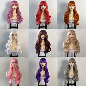 Long wavy synthetic wigs with air bangs in nine vibrant colors for a versatile look