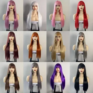 Long Straight Hime Cut Wig With Bangs For Women Synthetic Heat Resistant Fiber Princess Cut Colorful Hair Cosplay Party Wig