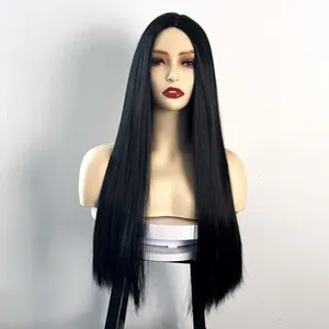 Classic 24-inch center-parted long straight black synthetic wig for women on mannequin