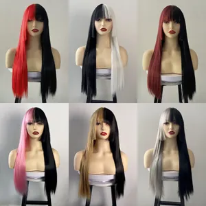 Long Straight Split Dye Cosplay Wig With Bangs High Temperature Synthetic Fiber Two Tone Halloween Party Hair For Women