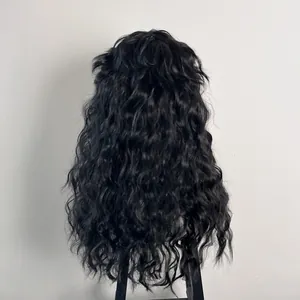 Back view showing texture and natural waves of long black curly synthetic rock wig