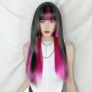Vista frontal de peluca Hime larga y lisa en negro y rosa con flequillo estilo Lolita