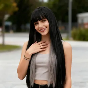 Long straight black and silver ombre synthetic wig with flat bangs for women fashion