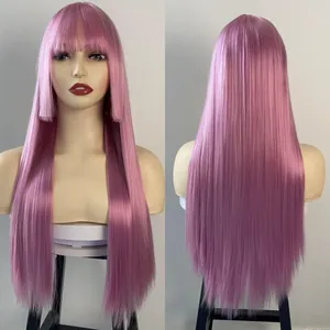 Long straight rose pink synthetic wig with hime cut and flat bangs, front and back view