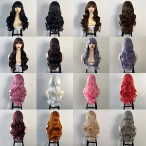 Long wavy synthetic wig with bangs in 16 assorted colors from classic brown to vibrant pink