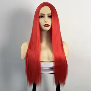 Vibrant long straight red wig with middle part style on a mannequin for women