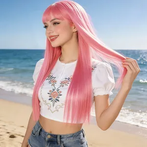 Damen Lange Glatte Rosa Perücke Mit Luft-Pony Hitzebeständige Kunstfaser Vollkopfperücke Für Cosplay Alltag Party Mode