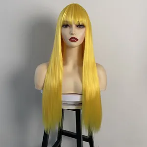 Long straight bright yellow cosplay wig with flat bangs on a mannequin display