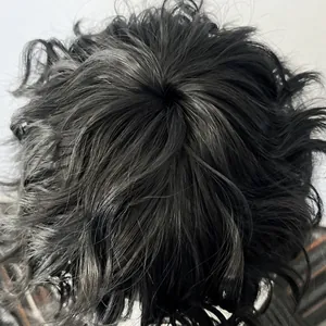 Men's punk rock short curly black wig with natural voluminous texture and grey highlights