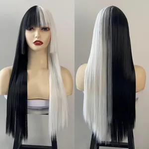 Front and back view of long straight black and white split wig with flat bangs on a model