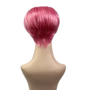 Short pink cosplay wig for women with layered straight cut and natural synthetic fiber look