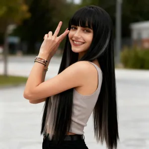 Outdoor shot of long straight black wig with grey highlights and blunt bangs