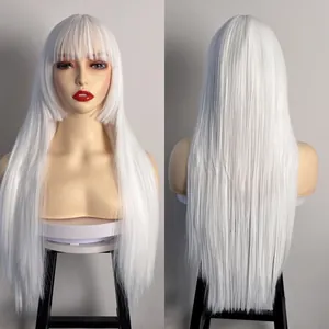 Detailed front and back views of long straight white wig with bangs and hime-cut style
