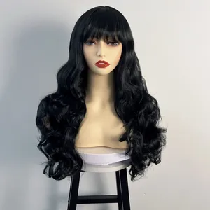 Close-up of wavy black synthetic wig showing realistic texture and air bangs