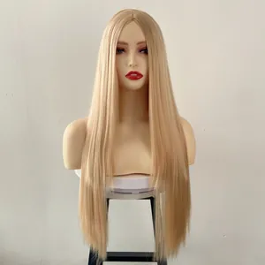 Front view of long straight honey blonde wig on a female mannequin with middle part