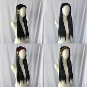 Long Straight Synthetic Headband Wig For Women Ethnic Velvet Headband Alloy Bell Tassel Pendant Black Brown Hair Extensions