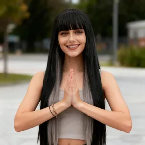 Detailed view of long straight black wig with ash grey highlights and bangs on model