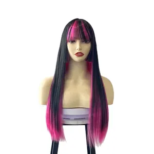 Peluca larga lisa corte Hime con reflejos rosas y pelo negro estilo Lolita