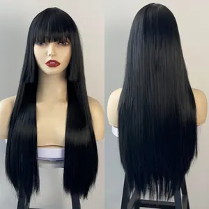 Detailed front and back view of long straight black Hime cut synthetic wig with bangs