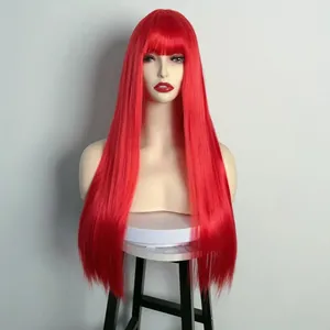 Detailed view of vibrant red long straight cosplay wig with bangs on a model