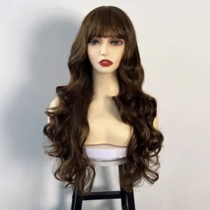 Long wavy dark brown wig with air bangs on mannequin head, synthetic hair for women