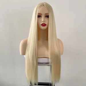 Front view of a 28-inch center-parted long straight platinum blonde synthetic wig