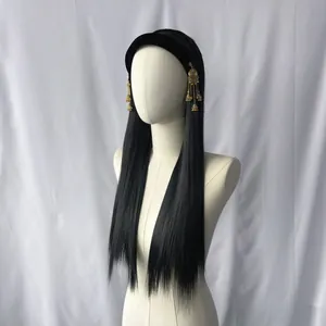 Detail of long black straight wig with velvet headband and gold tassel pendants