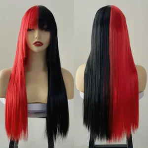 Long straight split red and black split dye wig with bangs for Halloween COS hairstyle