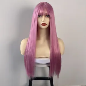 Detailed view of pink purple long straight wig with bangs on a model mannequin head