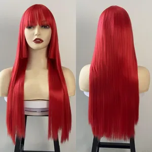 Long straight bright red anime wig with flat bangs and sleek synthetic hair fibers