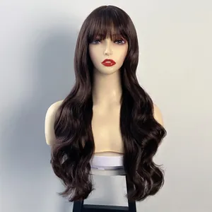 Long wavy dark brown synthetic wig with airy bangs on mannequin head for fashion styling