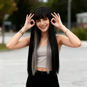 Long straight black to silver gray gradient wig with bangs for a stylish layered look