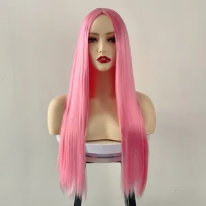 Detailed front view of long straight pink synthetic wig with middle part on a mannequin