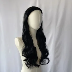 Long wavy black synthetic wig with headband on mannequin, 26 inch natural wave hair style
