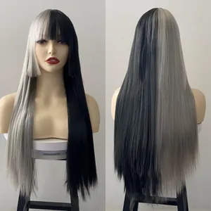 Detail of long straight two-tone black and white synthetic wig with flat bangs on a mannequin