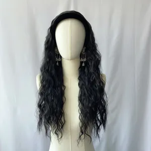 Long black wavy synthetic wig with headband and ethnic bell earrings set for women