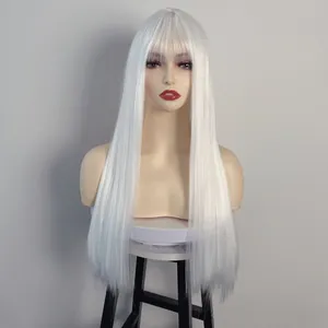 Front view of long straight silver white wig with flat bangs on a female mannequin head